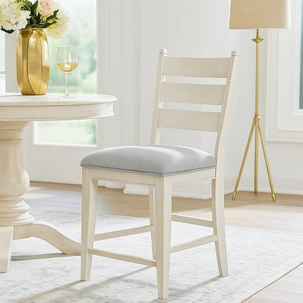 Benjara Wen Counter Height Chair Set of 2, Gray Fabric Seat, Weathered White