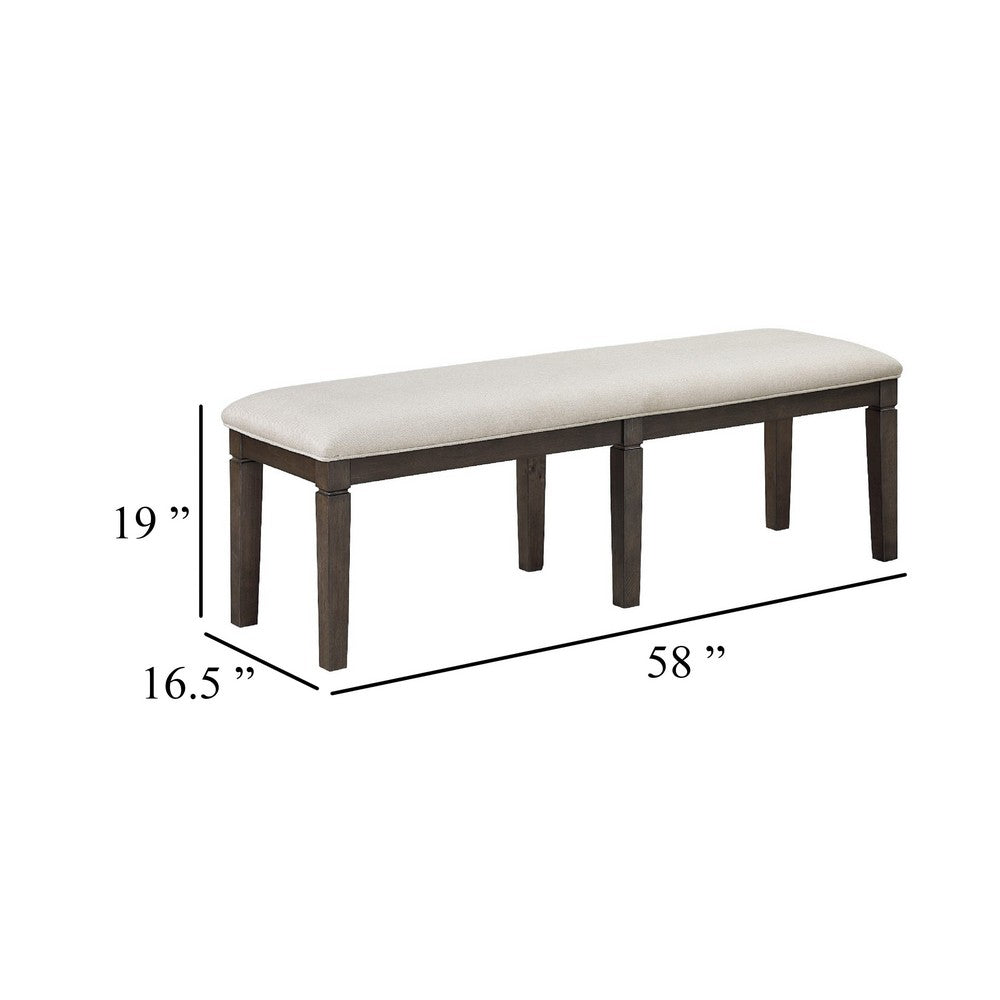 Benjara Vicy Bench, 58 Inch Beige Textured Fabric Seat, Espresso Brown Legs