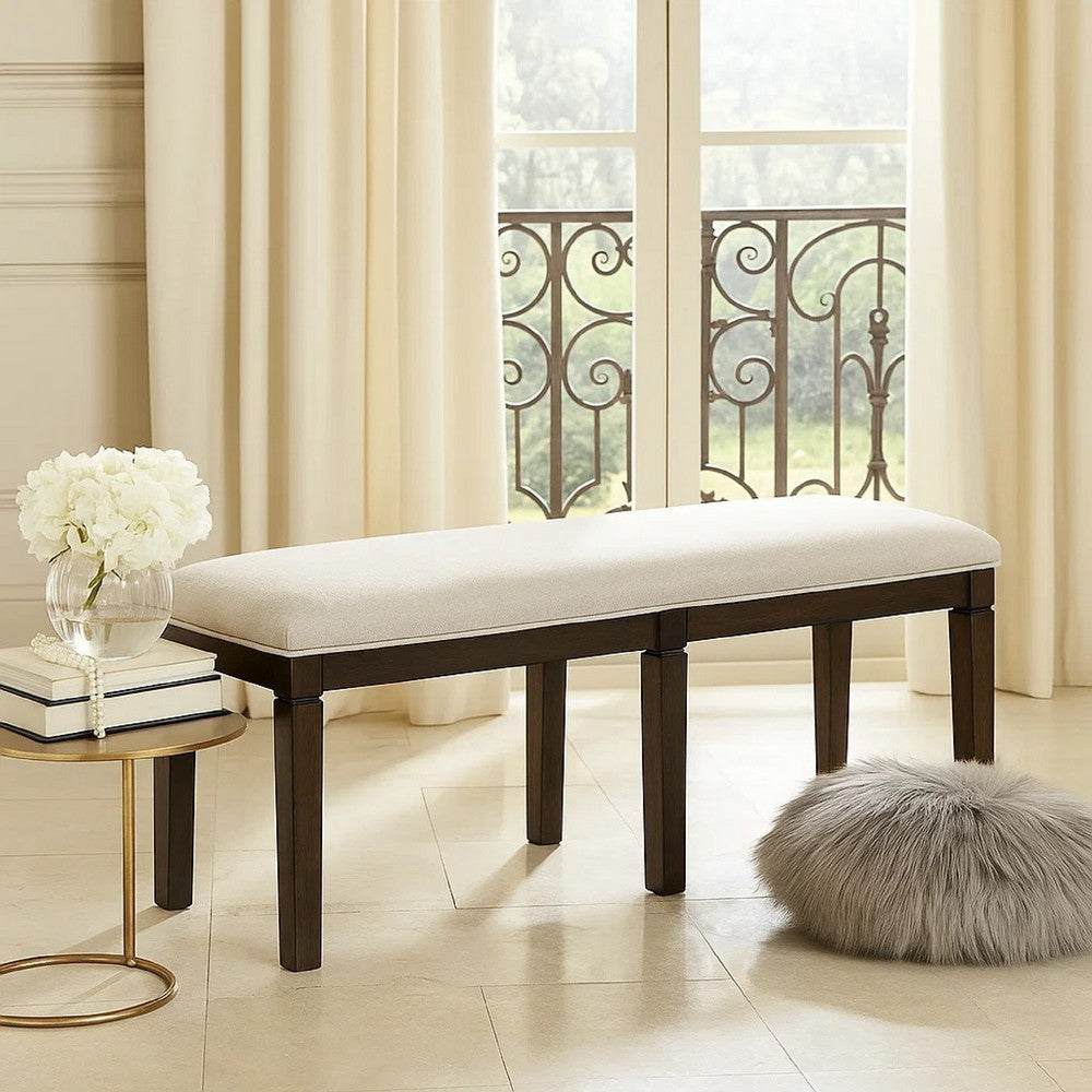 Benjara Vicy Bench, 58 Inch Beige Textured Fabric Seat, Espresso Brown Legs