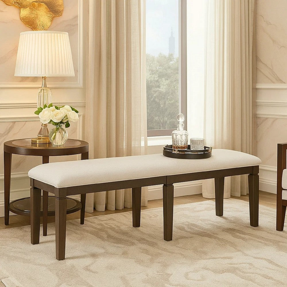 Benjara Vicy Bench, 58 Inch Beige Textured Fabric Seat, Espresso Brown Legs