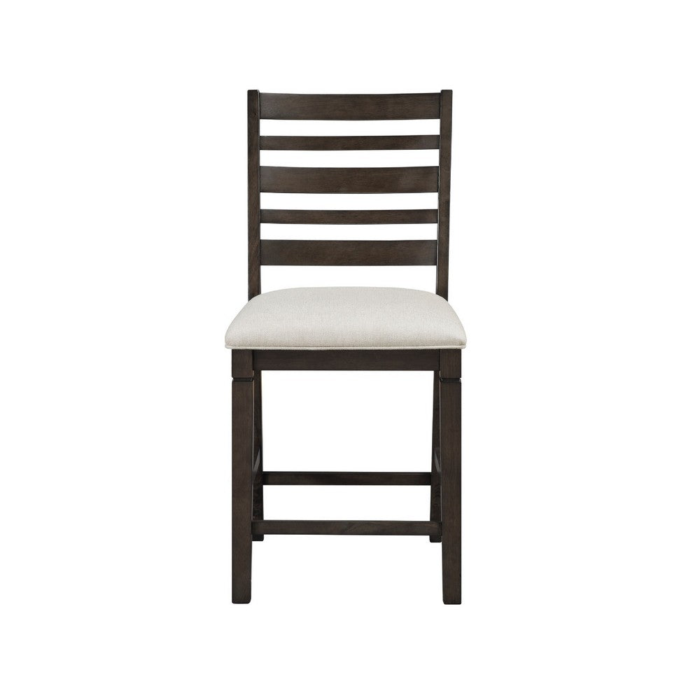 Benjara Vicy Counter Height Chair Set of 2, Beige Fabric Seat, Espresso Brown