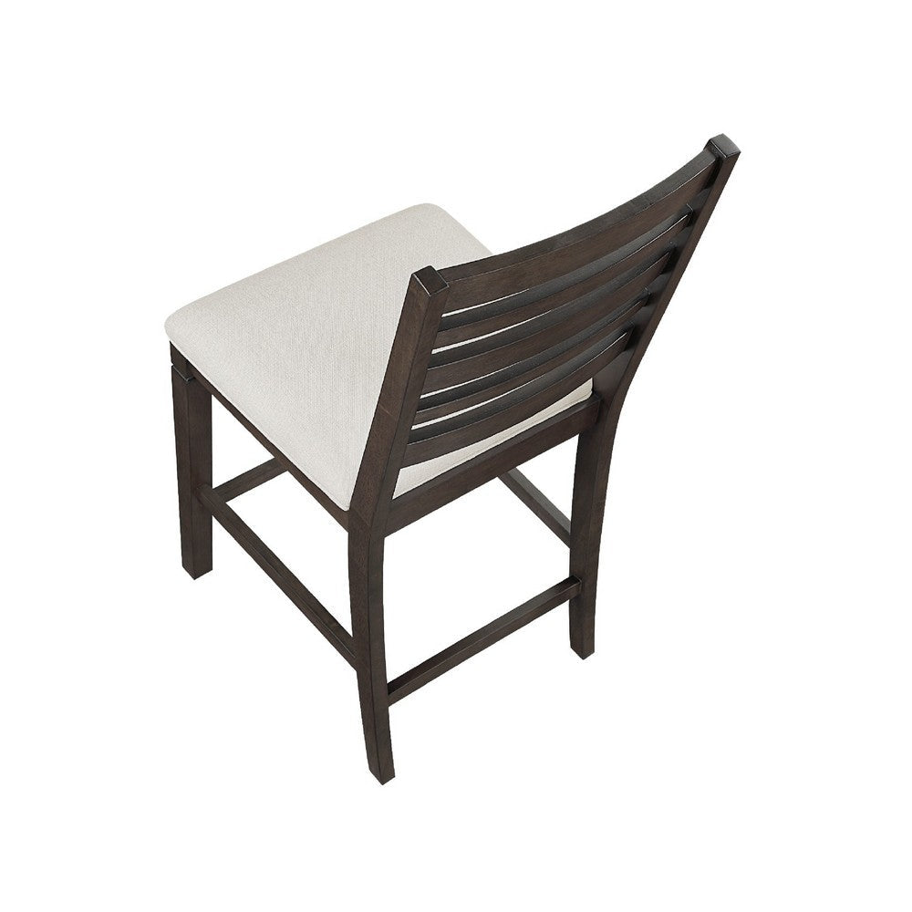 Benjara Vicy Counter Height Chair Set of 2, Beige Fabric Seat, Espresso Brown