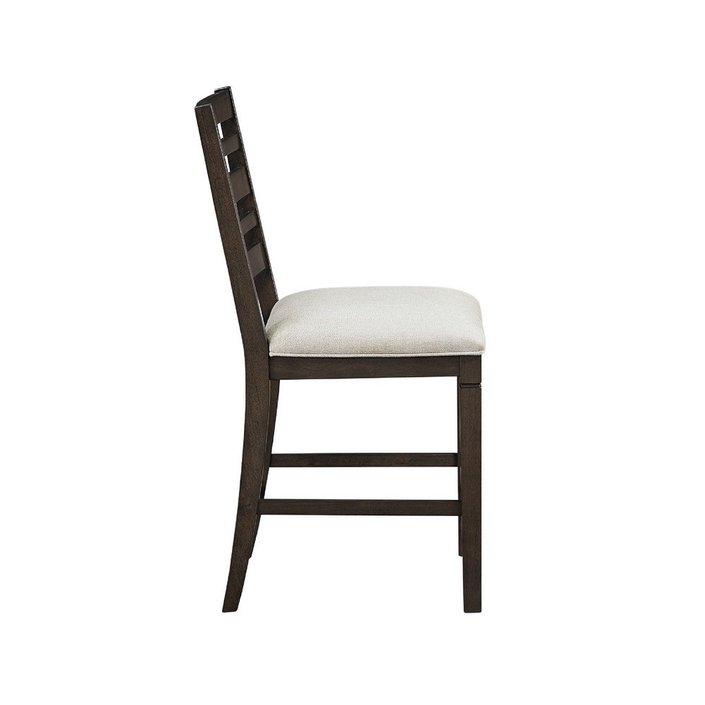 Benjara Vicy Counter Height Chair Set of 2, Beige Fabric Seat, Espresso Brown