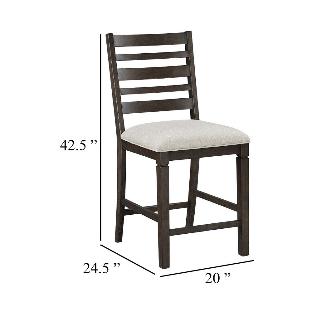 Benjara Vicy Counter Height Chair Set of 2, Beige Fabric Seat, Espresso Brown