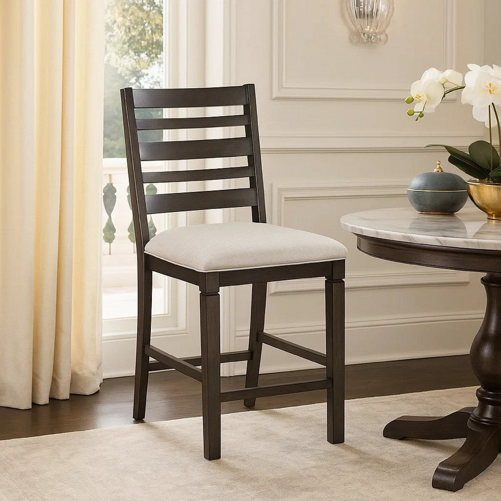Benjara Vicy Counter Height Chair Set of 2, Beige Fabric Seat, Espresso Brown