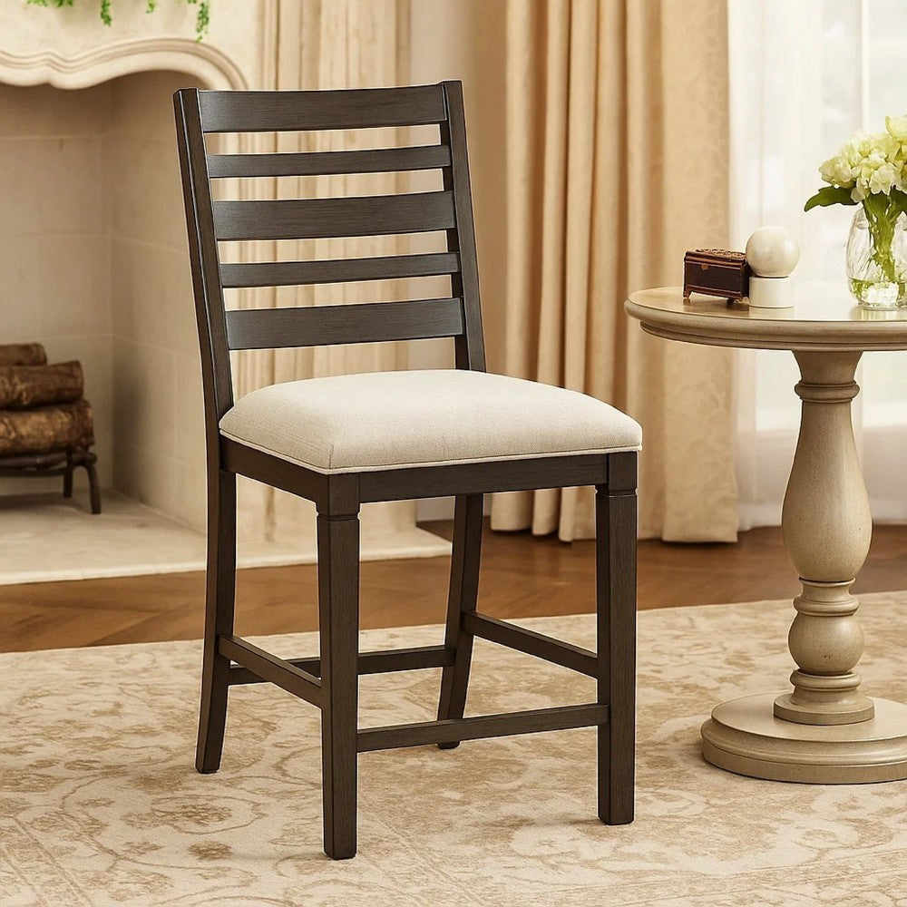 Benjara Vicy Counter Height Chair Set of 2, Beige Fabric Seat, Espresso Brown