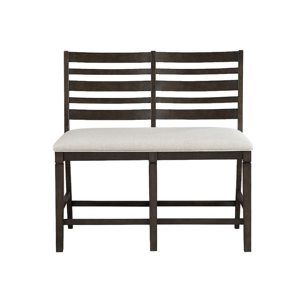 Benjara Vicy Counter Height Bench, Beige Fabric Seat, Espresso Brown Base