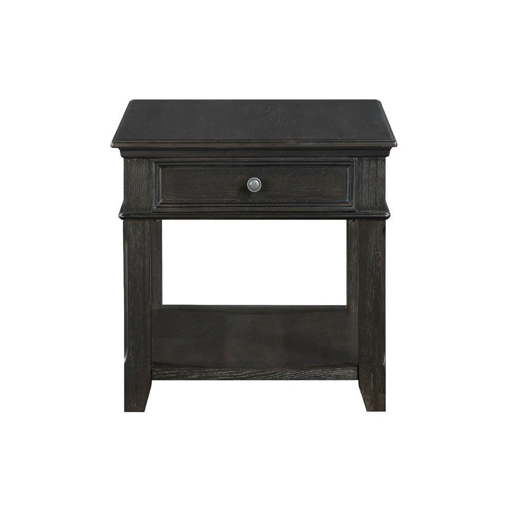 Benjara Riel Side End Table w USB Port, 27 Inch Top, 1 Drawer, Charcoal Black