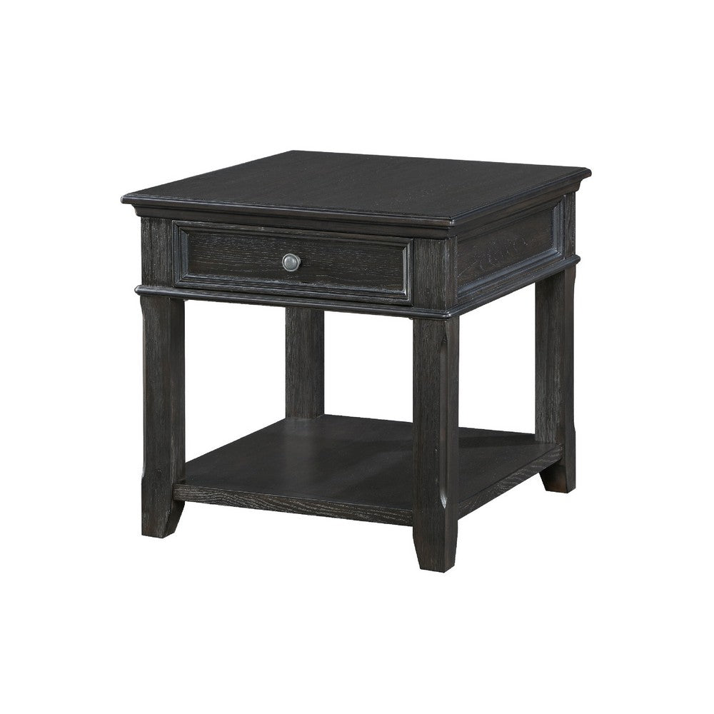 Benjara Riel Side End Table w USB Port, 27 Inch Top, 1 Drawer, Charcoal Black