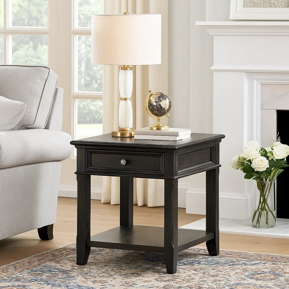 Benjara Riel Side End Table w USB Port, 27 Inch Top, 1 Drawer, Charcoal Black