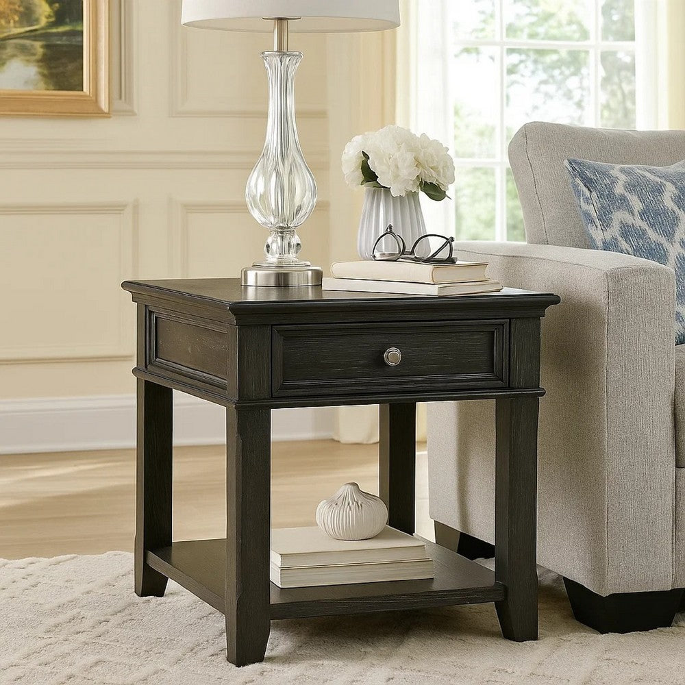 Benjara Riel Side End Table w USB Port, 27 Inch Top, 1 Drawer, Charcoal Black