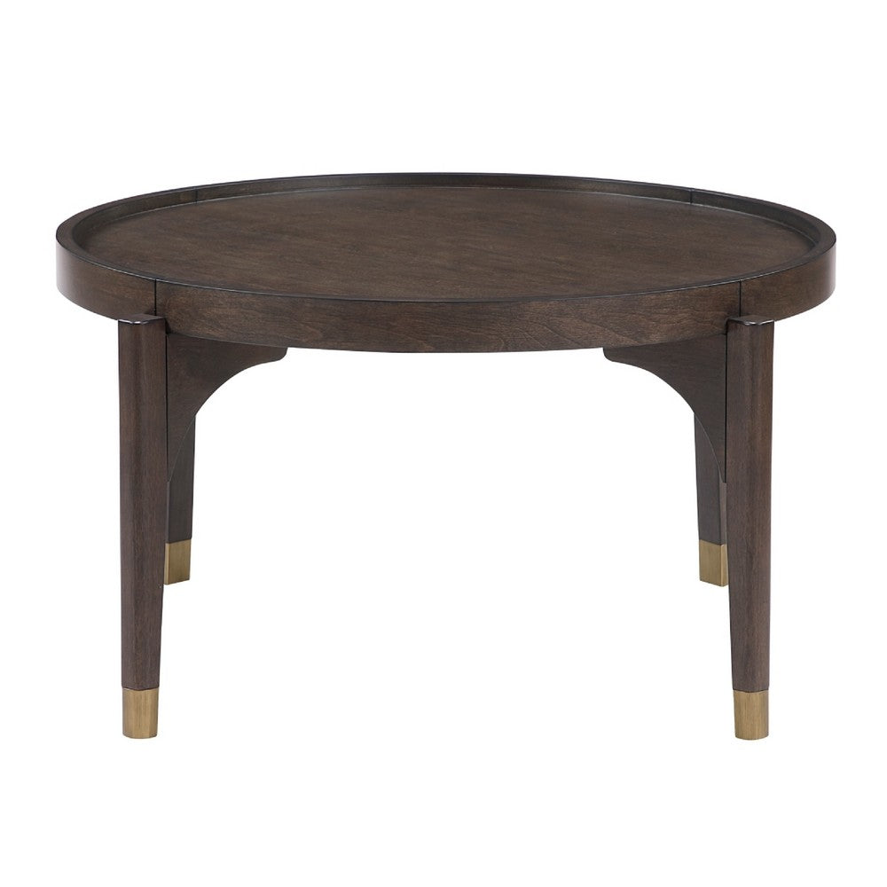 Benjara Azy Coffee Table, 36 Inch Round Top, Gold Capped Legs, Dark Brown