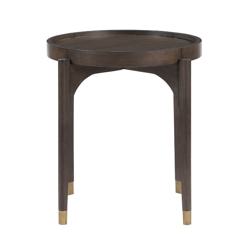 Benjara Azy Side End Table, 24 Inch Round Top, Gold Capped Legs, Dark Brown
