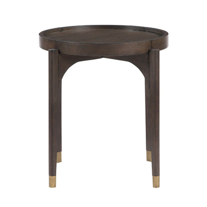 Benjara Azy Side End Table, 24 Inch Round Top, Gold Capped Legs, Dark Brown