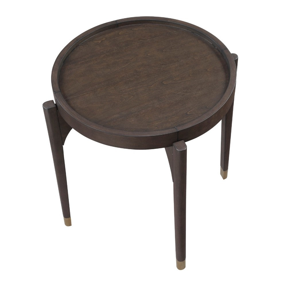 Benjara Azy Side End Table, 24 Inch Round Top, Gold Capped Legs, Dark Brown