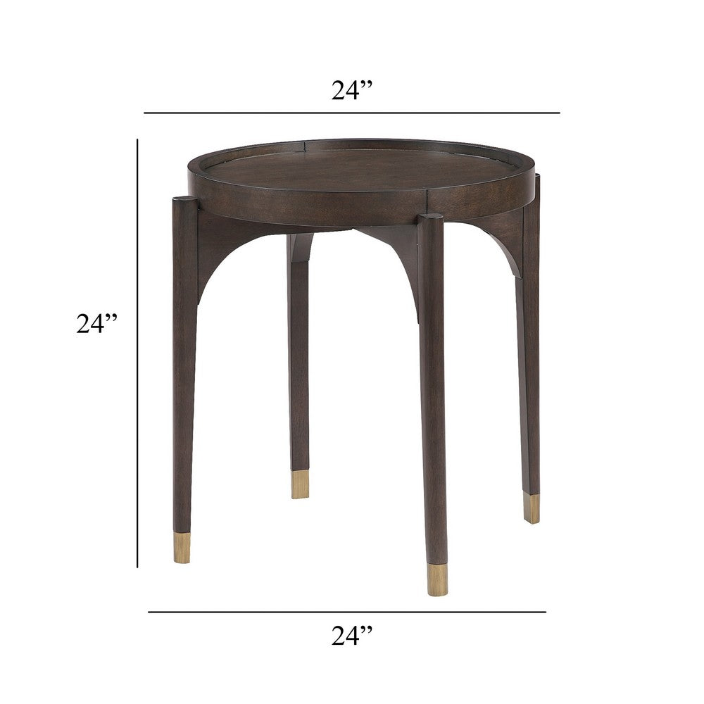 Benjara Azy Side End Table, 24 Inch Round Top, Gold Capped Legs, Dark Brown