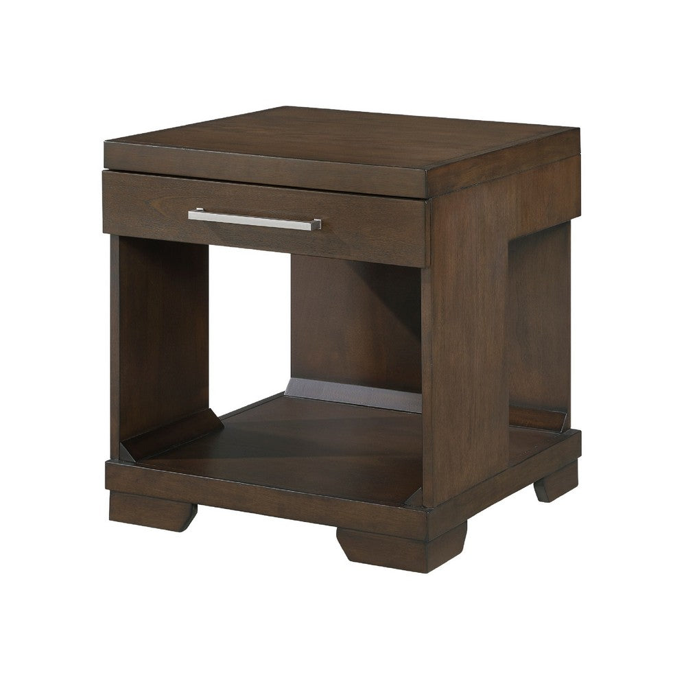 Benjara Duny Side End Table, 24 Inch Top, 1 Drawer with Handle, Espresso Brown
