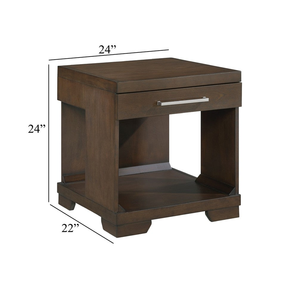 Benjara Duny Side End Table, 24 Inch Top, 1 Drawer with Handle, Espresso Brown