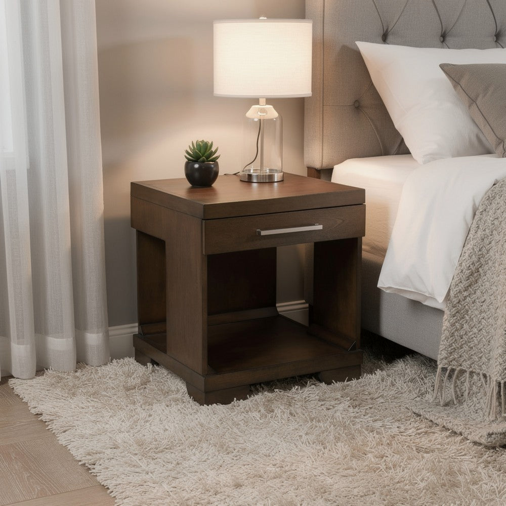 Benjara Duny Side End Table, 24 Inch Top, 1 Drawer with Handle, Espresso Brown