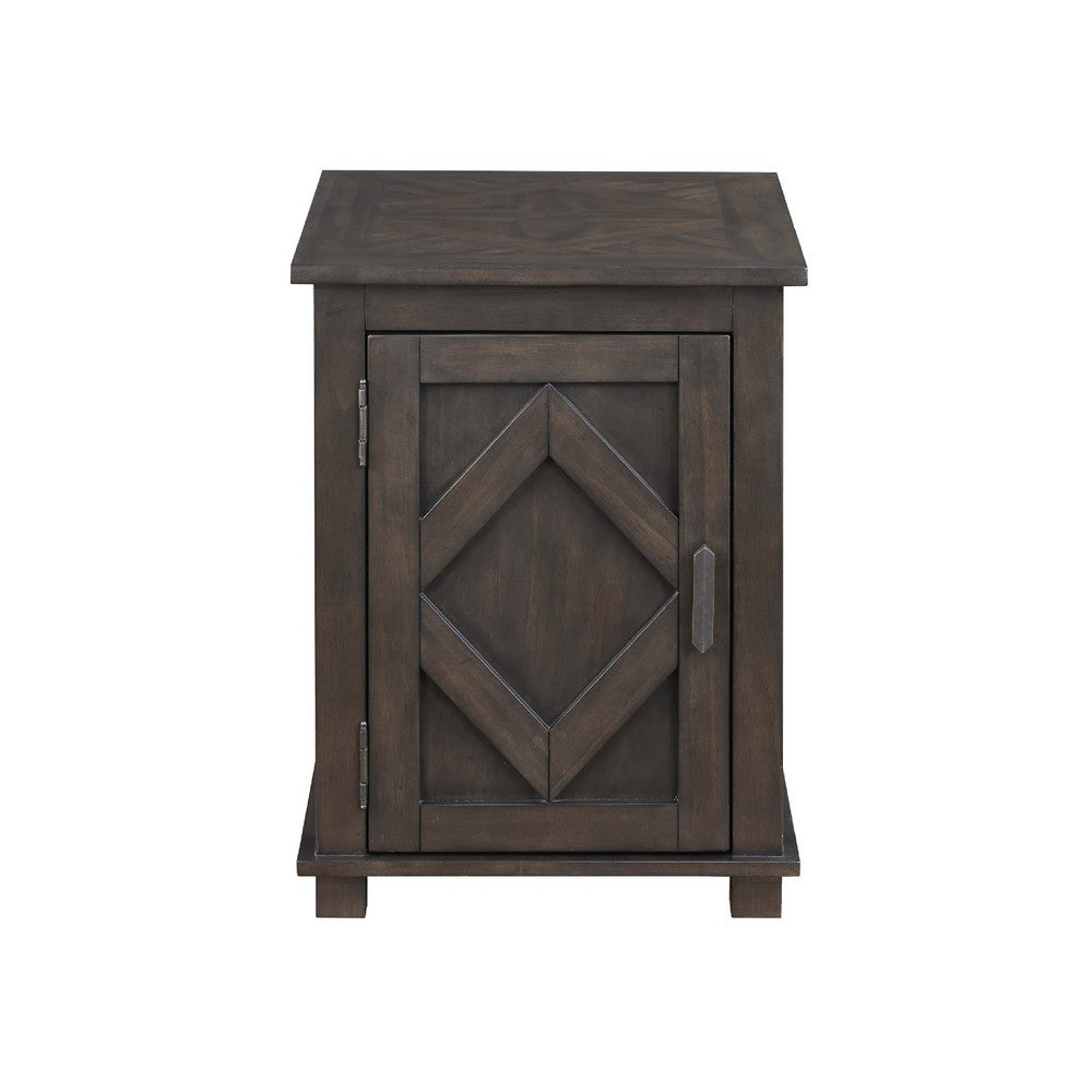 Benjara Leky Chairside Table, 22 Inch, 1 Cabinet with Adjustable Shelf, Brown