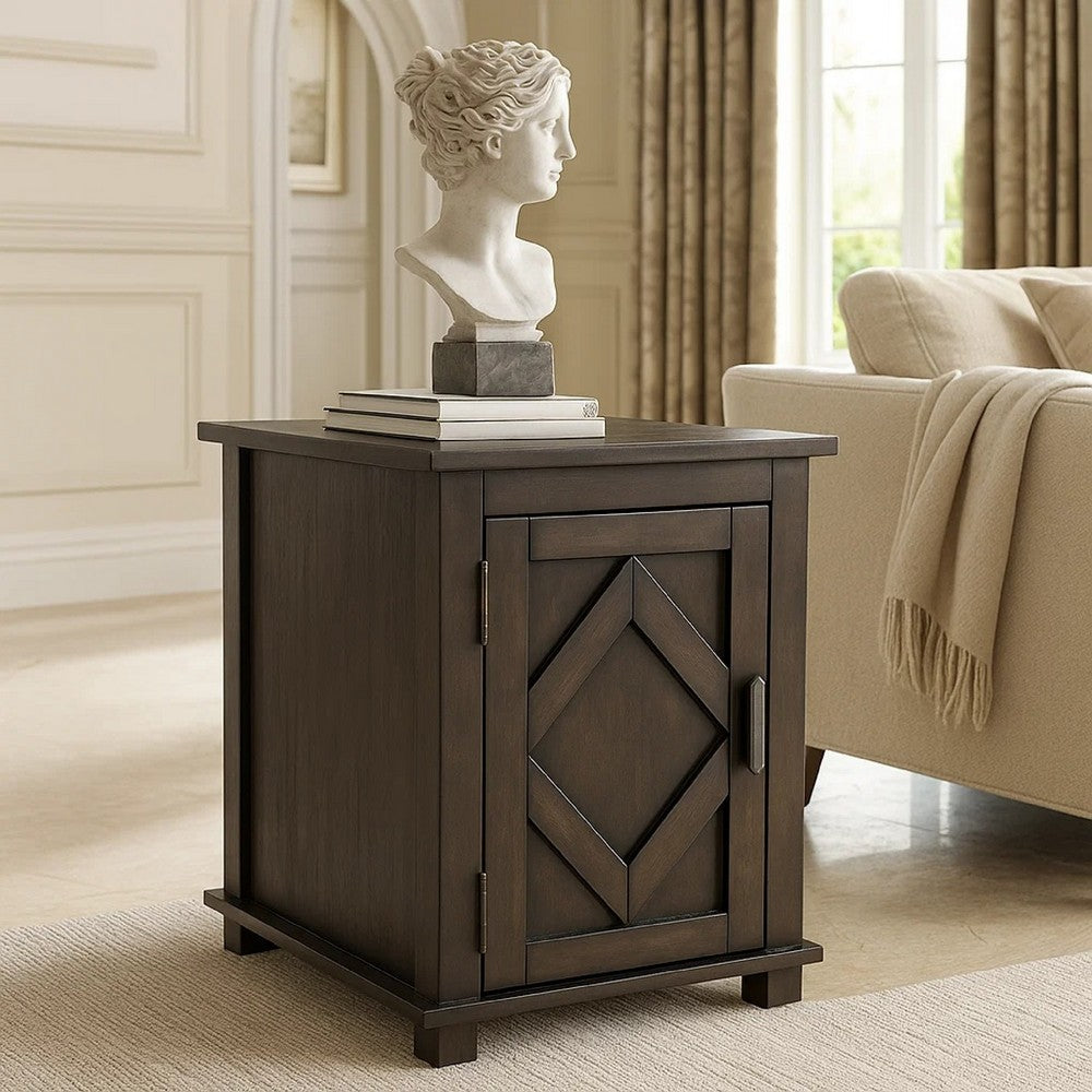 Benjara Leky Chairside Table, 22 Inch, 1 Cabinet with Adjustable Shelf, Brown