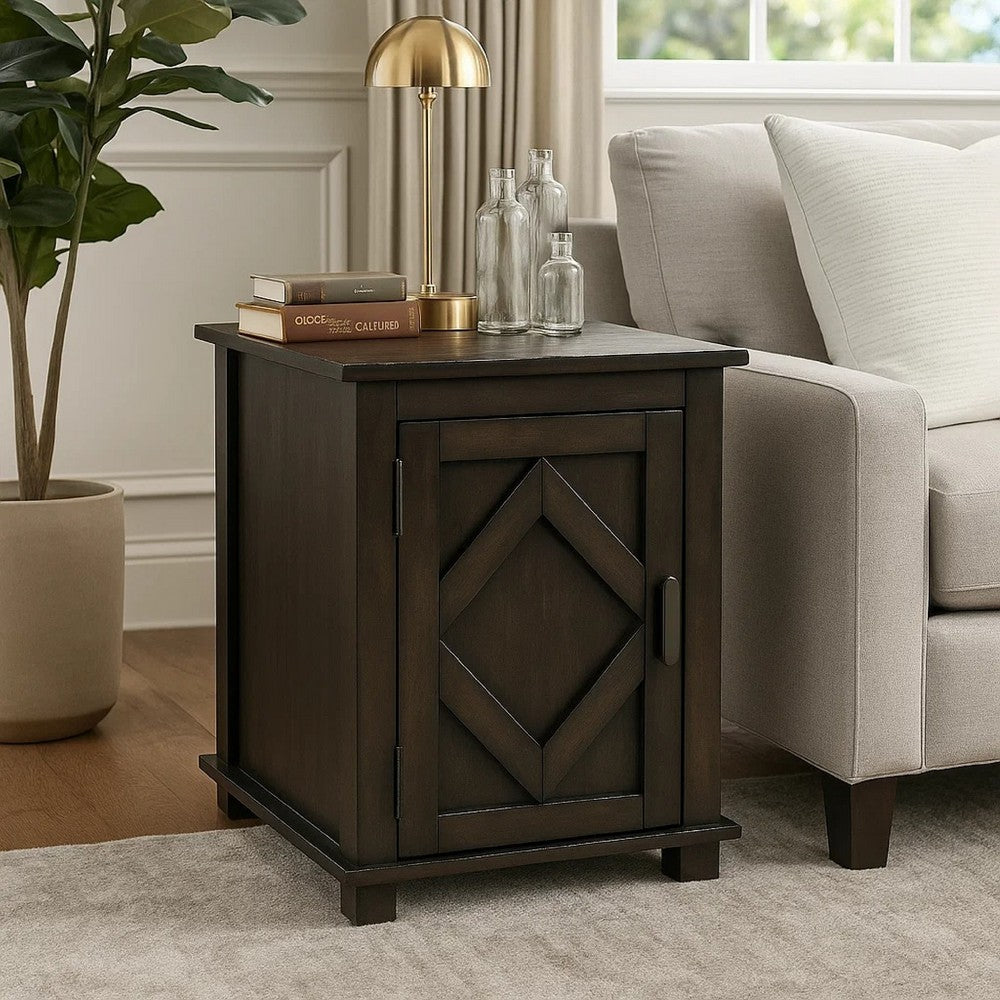 Benjara Leky Chairside Table, 22 Inch, 1 Cabinet with Adjustable Shelf, Brown