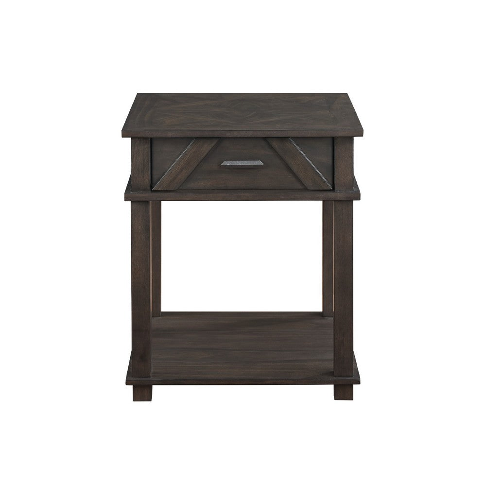 Benjara Leky Side End Table, 24 Inch, 1 Drawer with Lower Open Shelf, Brown