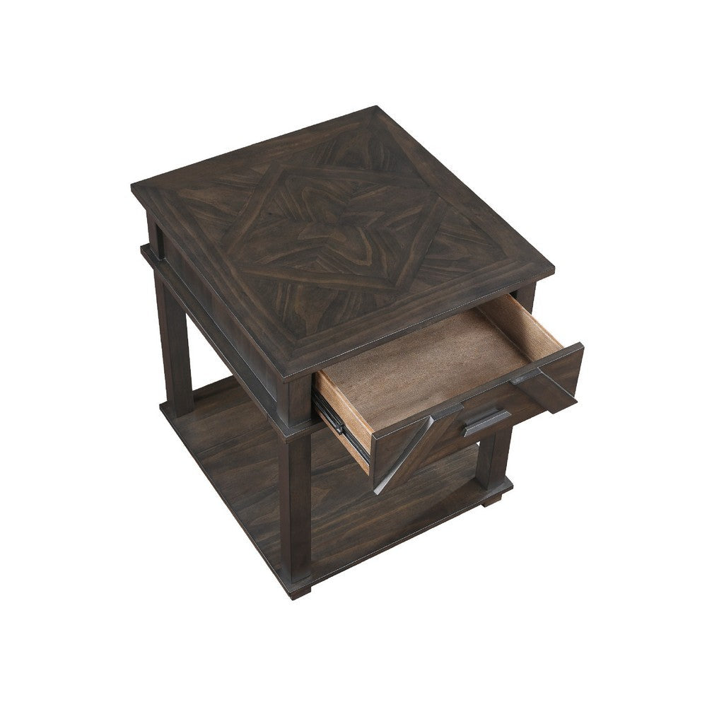 Benjara Leky Side End Table, 24 Inch, 1 Drawer with Lower Open Shelf, Brown