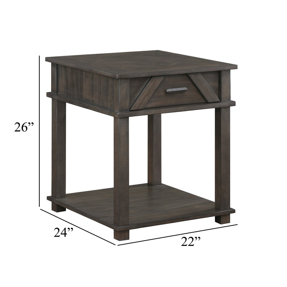 Benjara Leky Side End Table, 24 Inch, 1 Drawer with Lower Open Shelf, Brown