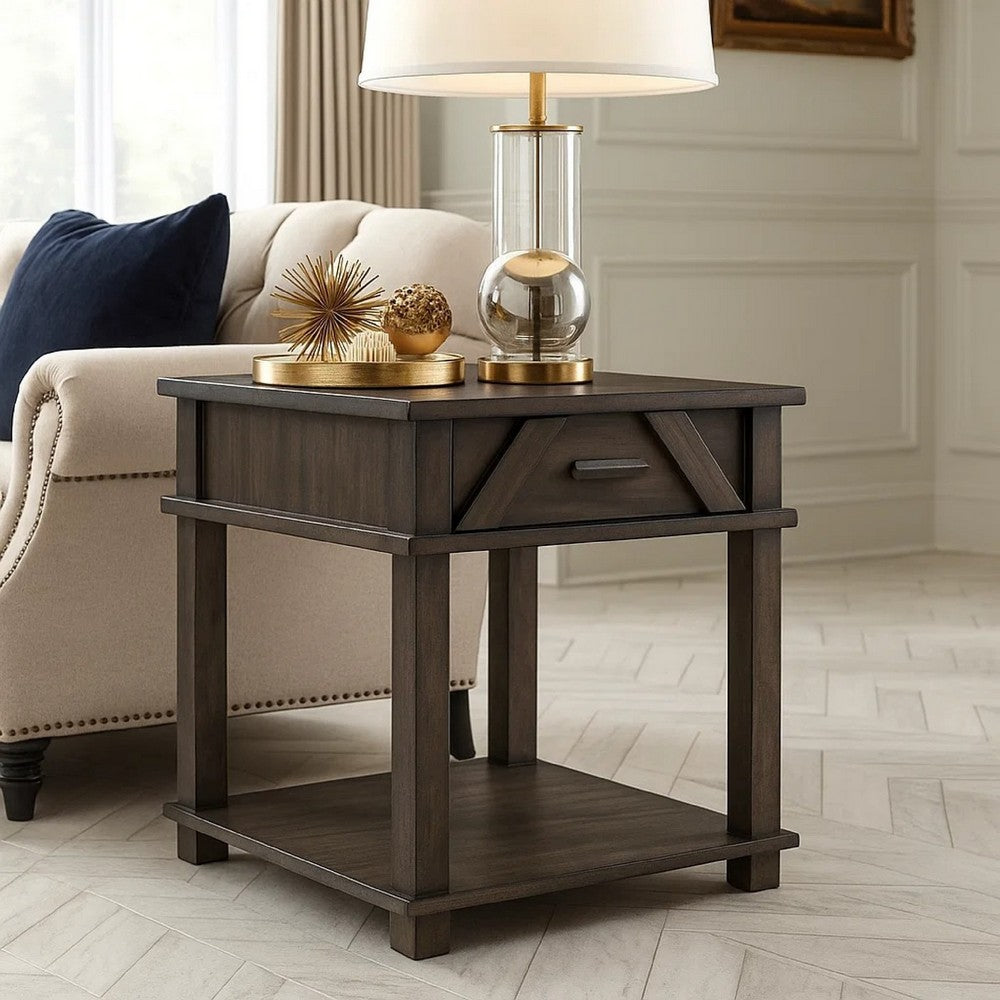 Benjara Leky Side End Table, 24 Inch, 1 Drawer with Lower Open Shelf, Brown