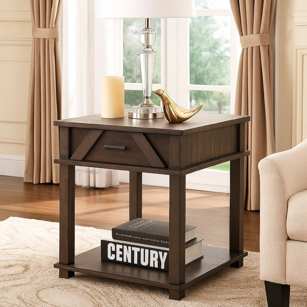 Benjara Leky Side End Table, 24 Inch, 1 Drawer with Lower Open Shelf, Brown