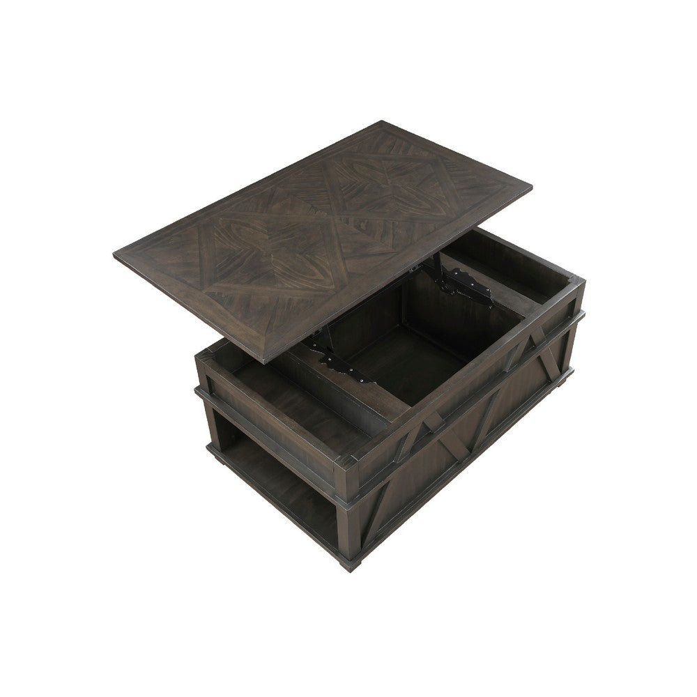 Benjara Leky Coffee Table, 44 Inch, 1 Lift Top with Shelf Underneath, Brown
