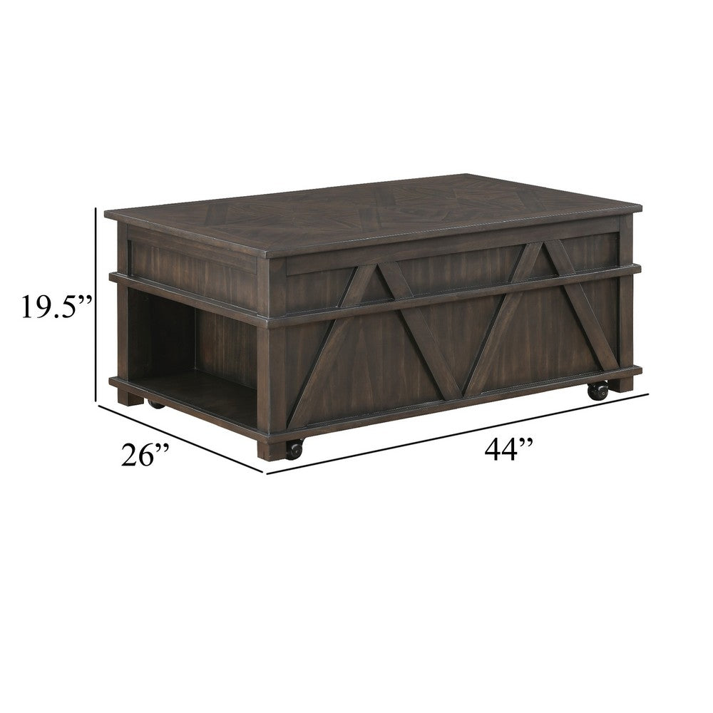 Benjara Leky Coffee Table, 44 Inch, 1 Lift Top with Shelf Underneath, Brown