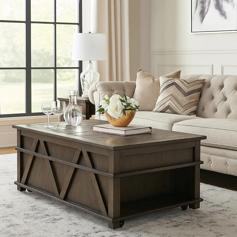 Benjara Leky Coffee Table, 44 Inch, 1 Lift Top with Shelf Underneath, Brown