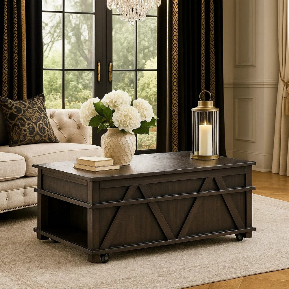 Benjara Leky Coffee Table, 44 Inch, 1 Lift Top with Shelf Underneath, Brown