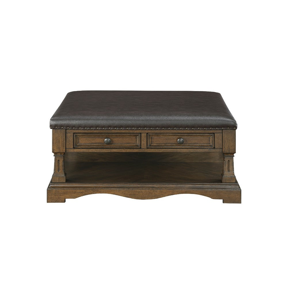 Benjara Rox Coffee Table, 39 Inch Brown Faux Leather Top, 4 Drawers And Shelf