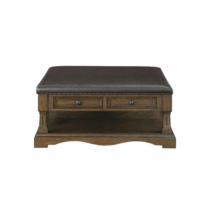 Benjara Rox Coffee Table, 39 Inch Brown Faux Leather Top, 4 Drawers And Shelf