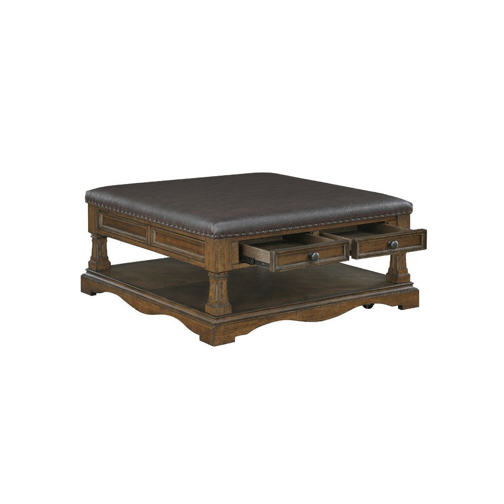 Benjara Rox Coffee Table, 39 Inch Brown Faux Leather Top, 4 Drawers And Shelf