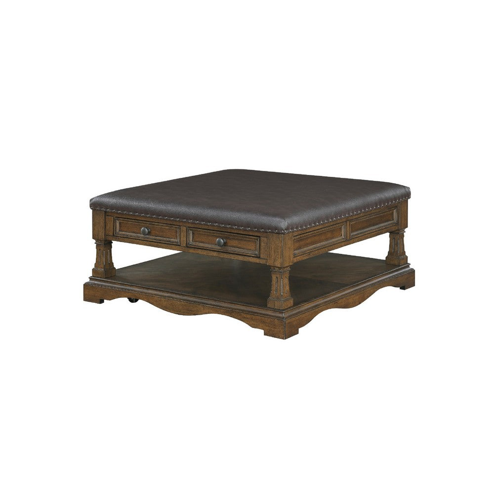 Benjara Rox Coffee Table, 39 Inch Brown Faux Leather Top, 4 Drawers And Shelf