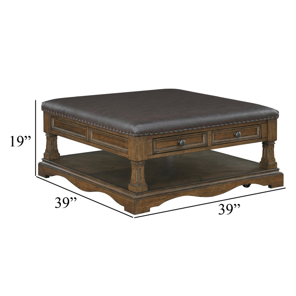 Benjara Rox Coffee Table, 39 Inch Brown Faux Leather Top, 4 Drawers And Shelf