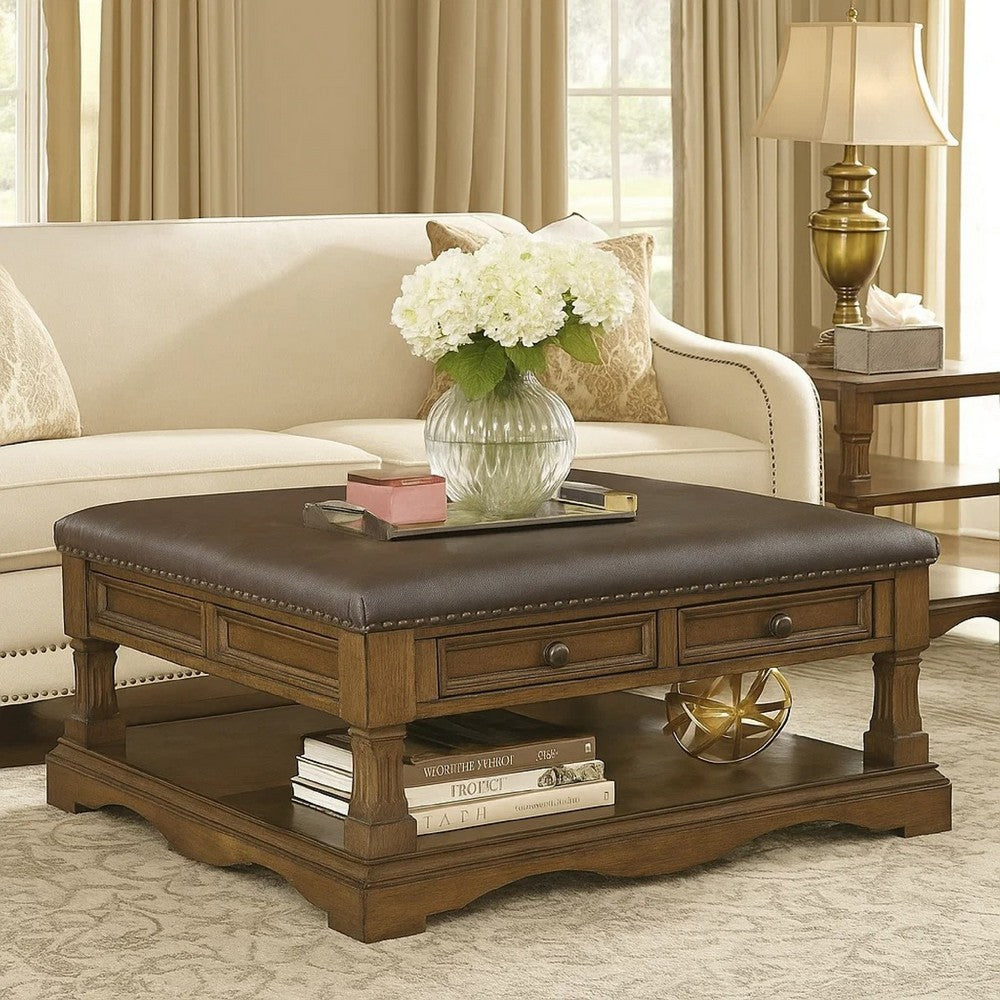 Benjara Rox Coffee Table, 39 Inch Brown Faux Leather Top, 4 Drawers And Shelf