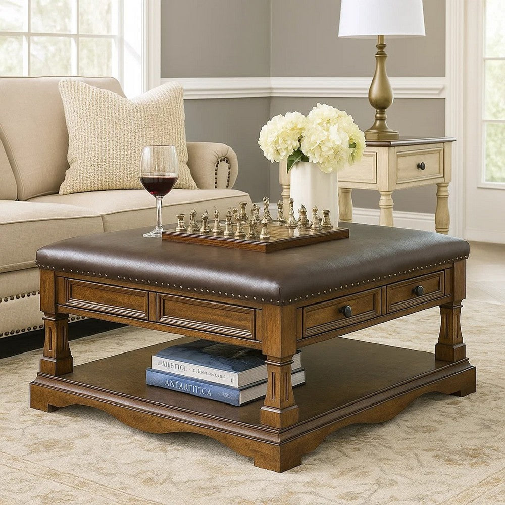 Benjara Rox Coffee Table, 39 Inch Brown Faux Leather Top, 4 Drawers And Shelf