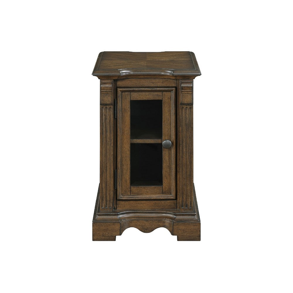 Benjara Rox Chairside End Table, 22 Inch, 1 Glass Door w USB A And C Ports, Brown