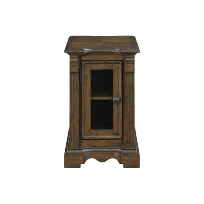 Benjara Rox Chairside End Table, 22 Inch, 1 Glass Door w USB A And C Ports, Brown