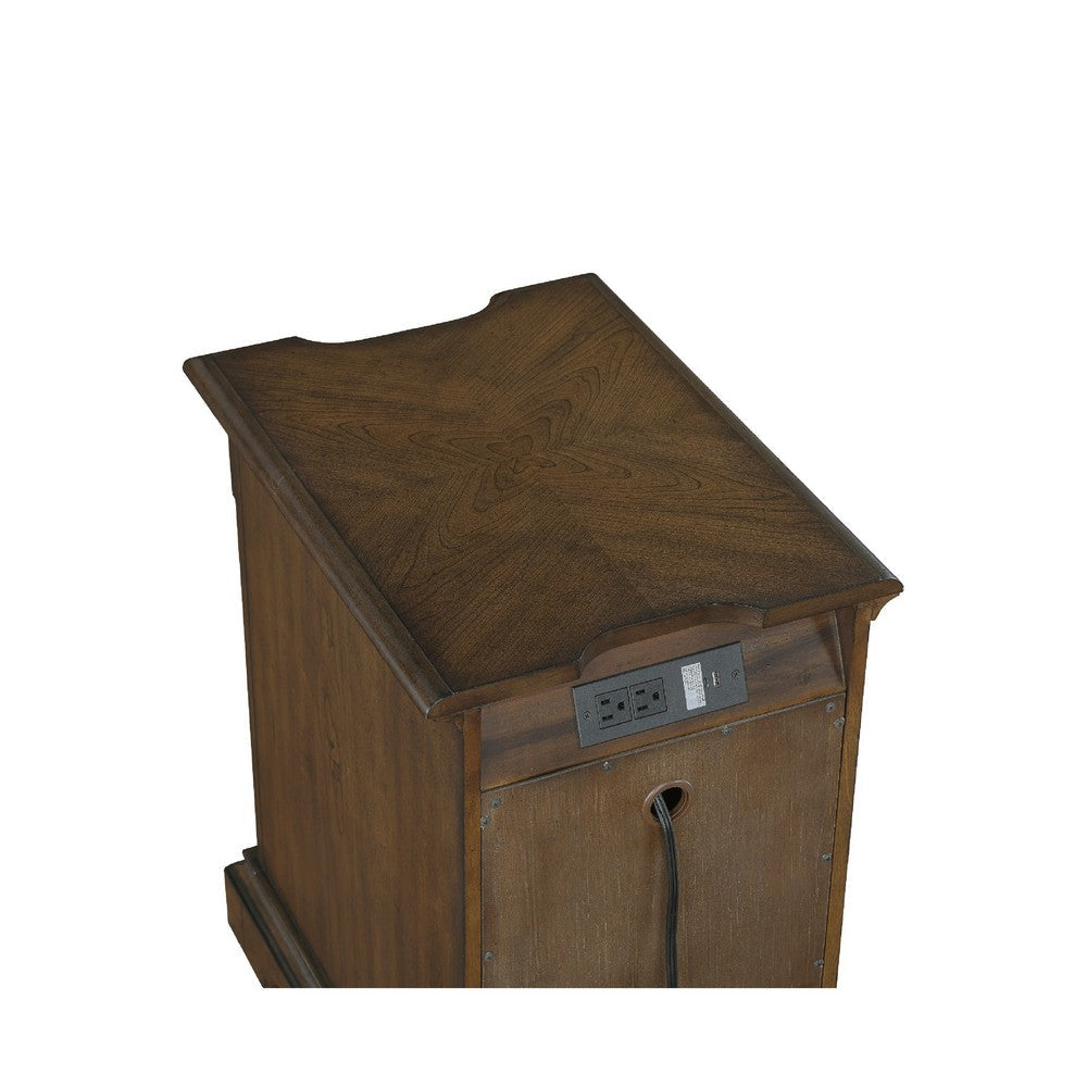 Benjara Rox Chairside End Table, 22 Inch, 1 Glass Door w USB A And C Ports, Brown