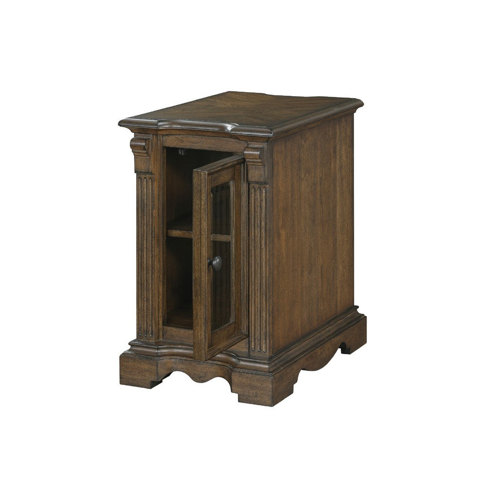 Benjara Rox Chairside End Table, 22 Inch, 1 Glass Door w USB A And C Ports, Brown