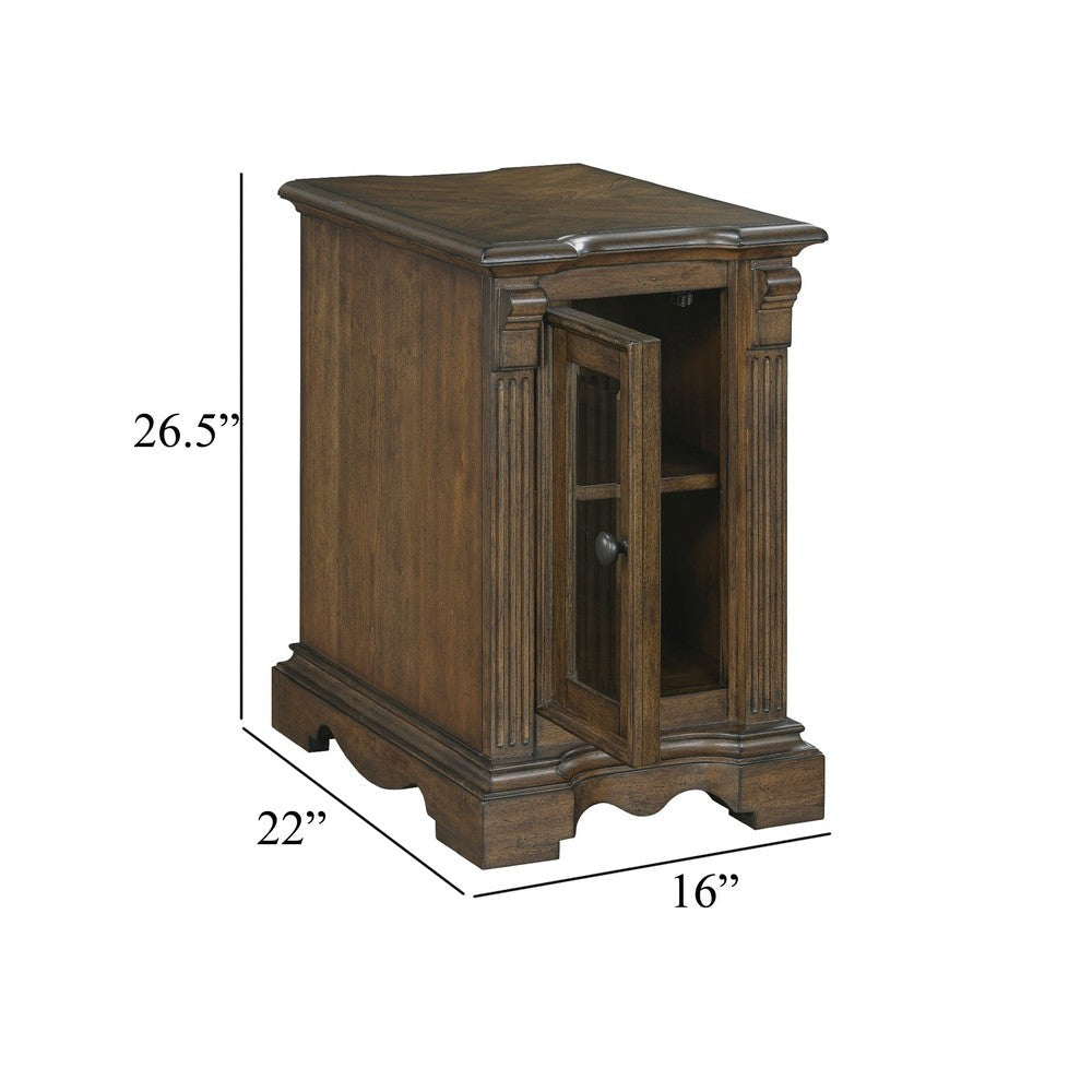 Benjara Rox Chairside End Table, 22 Inch, 1 Glass Door w USB A And C Ports, Brown