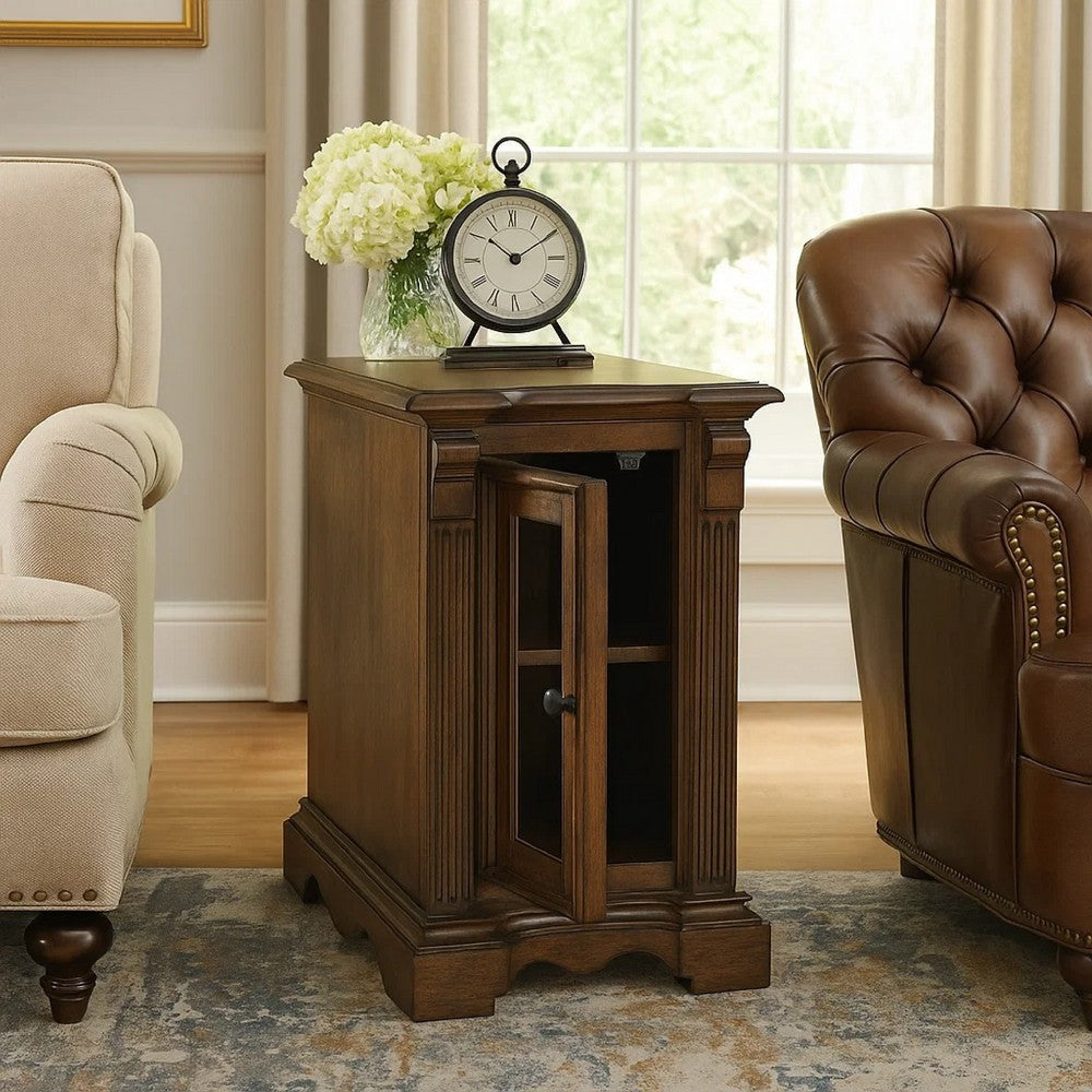 Benjara Rox Chairside End Table, 22 Inch, 1 Glass Door w USB A And C Ports, Brown