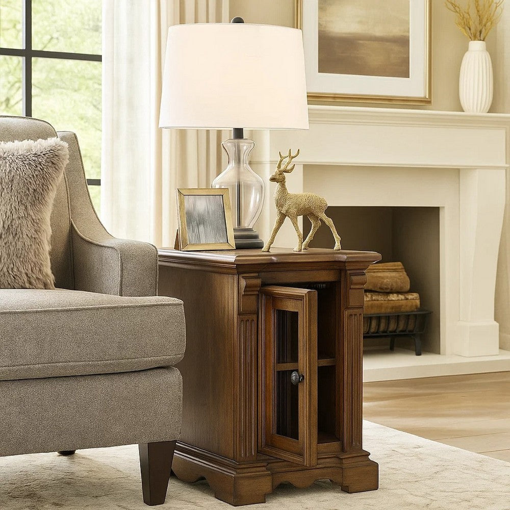 Benjara Rox Chairside End Table, 22 Inch, 1 Glass Door w USB A And C Ports, Brown