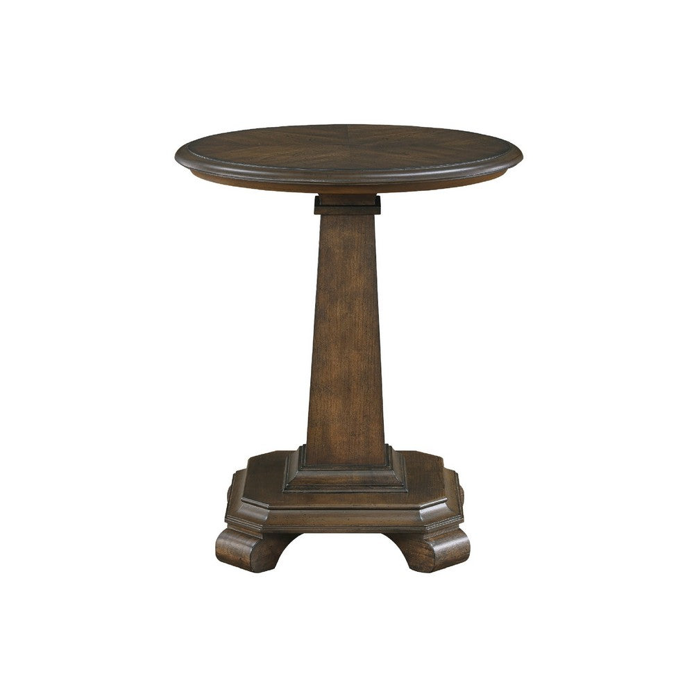 Benjara Rox Side End Table, 22 Inch Round Top, Tapered Pedestal Base, Brown